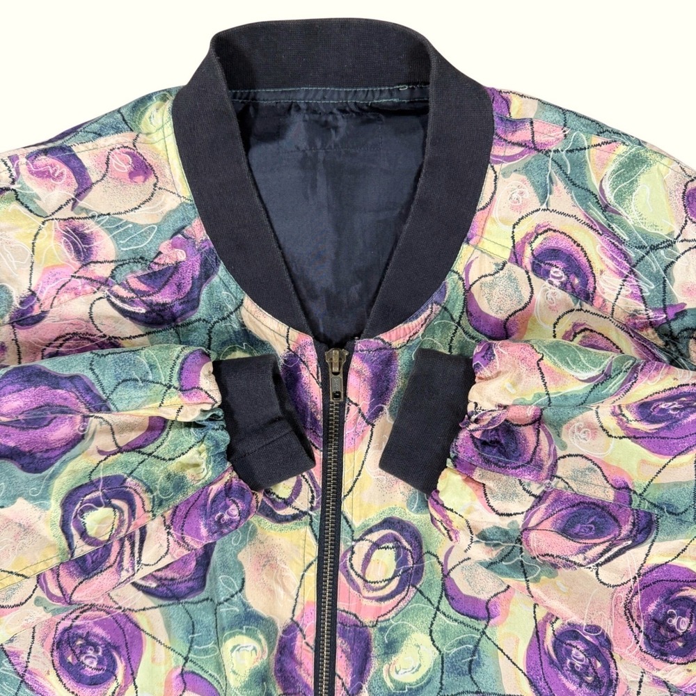 Vintage 80s Floral Bomber Jacket Women LG Purple Pink Garden maximalist abstract